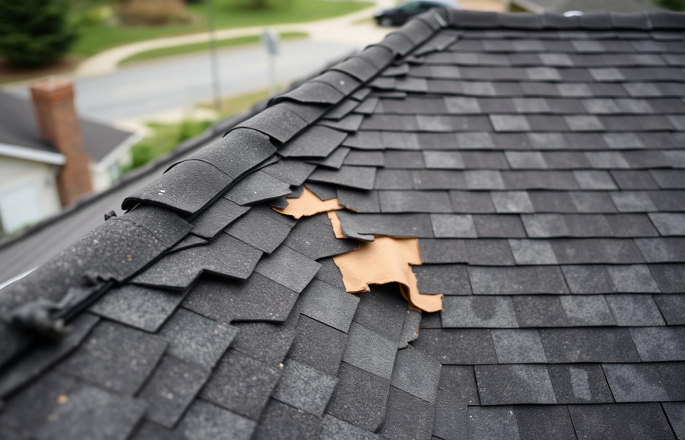 Worn asphalt shingle roof with curling and missing shingles before replacement